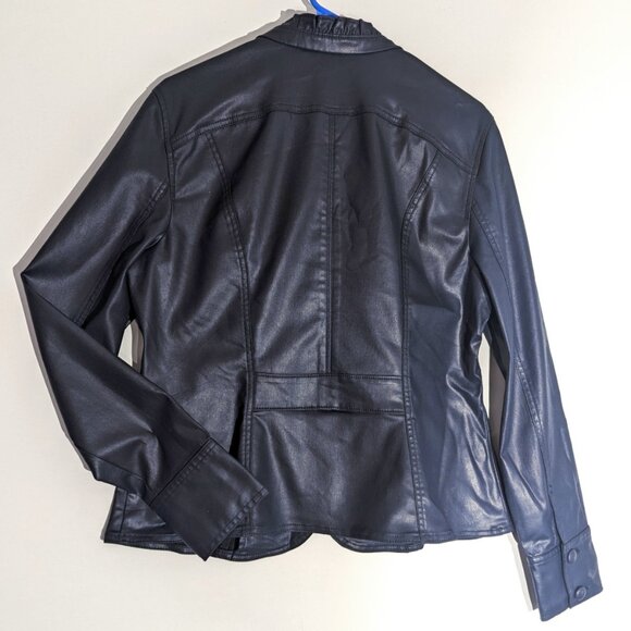 WHBM $180 NAVY Coated Denim Military Jacket Officer Blue Stretchy WASHABLE 14/12 - Picture 5 of 9